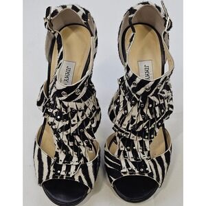 Jimmy Choo Mendez Zebra Print Pony Hair Studded Fringe Heels 38 Black White